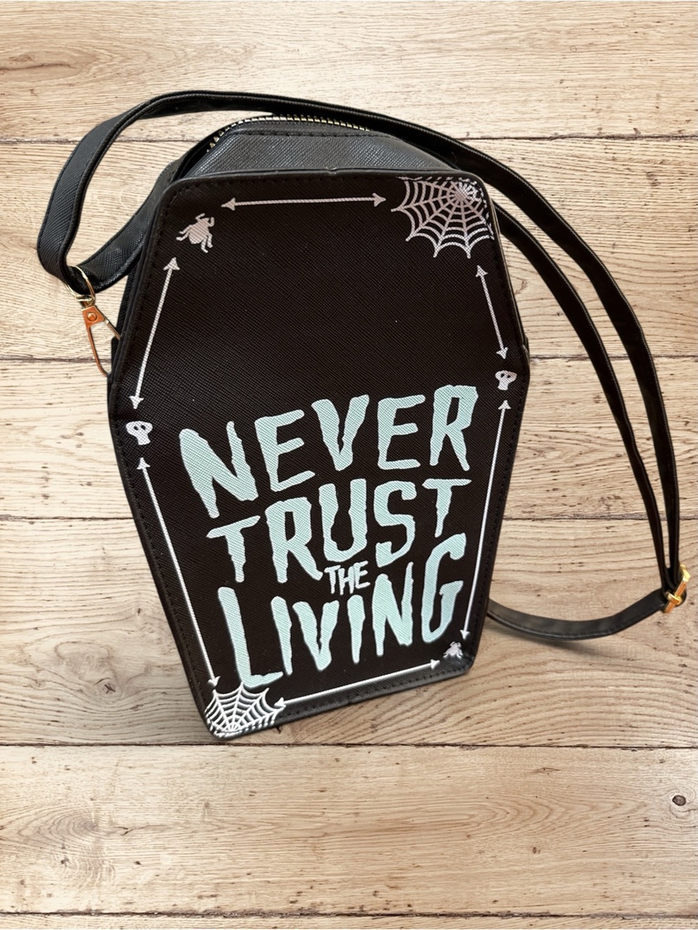 Never Trust The Living Coffin Crossbody Bag Beetlejuice Inspired Goth Halloween